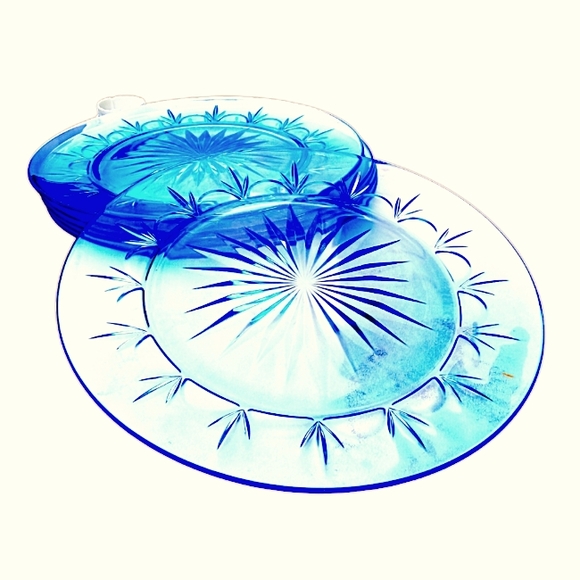 Vintage Avon set of 6 Blue Starburst 10" Fostoria Glass Dinner Plates Antique - Picture 1 of 3